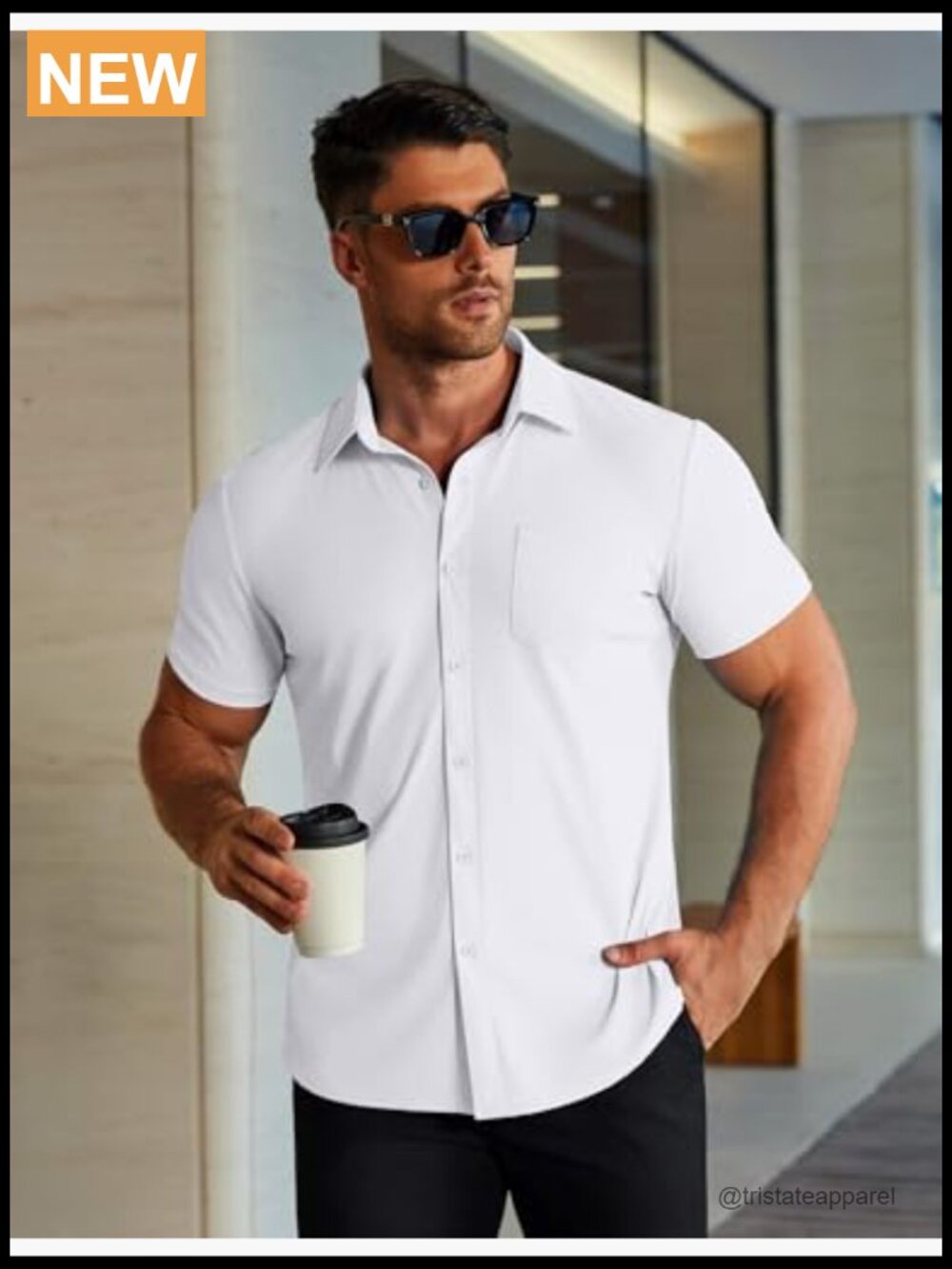 Men's Muscle Fit Stretch Wrinkle-Free Short Sleeve Button Down Shirt - Picture 4 of 6